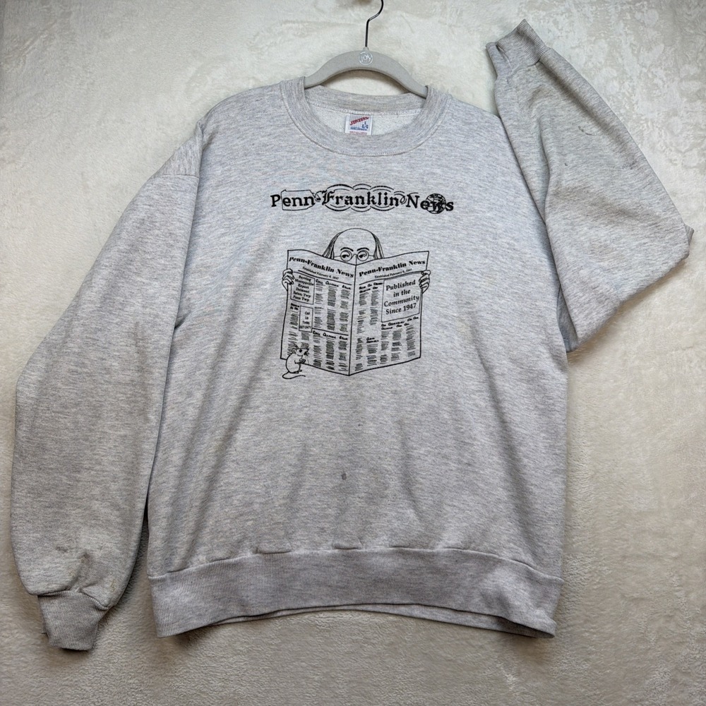 Vintage Penn Franklin News Graphic Sweatshirt Gray Crewneck USA Made Large